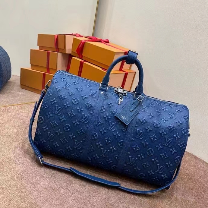 Louis Vuitton LV Unisex Keepall Bandoulière 50 Weekend Bag Denim Blue Cowhide Leather (12)