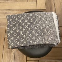 Louis Vuitton LV Unisex Monogram Jacquard Denim Shawl Gray Cotton Wool Silk (7)