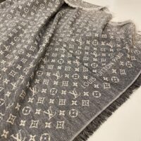 Louis Vuitton LV Unisex Monogram Jacquard Denim Shawl Gray Cotton Wool Silk (7)