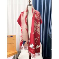 Louis Vuitton LV Unisex Precious Rabbit Reykjavik Scarf Red Cashmere Monogram Flowers (1)