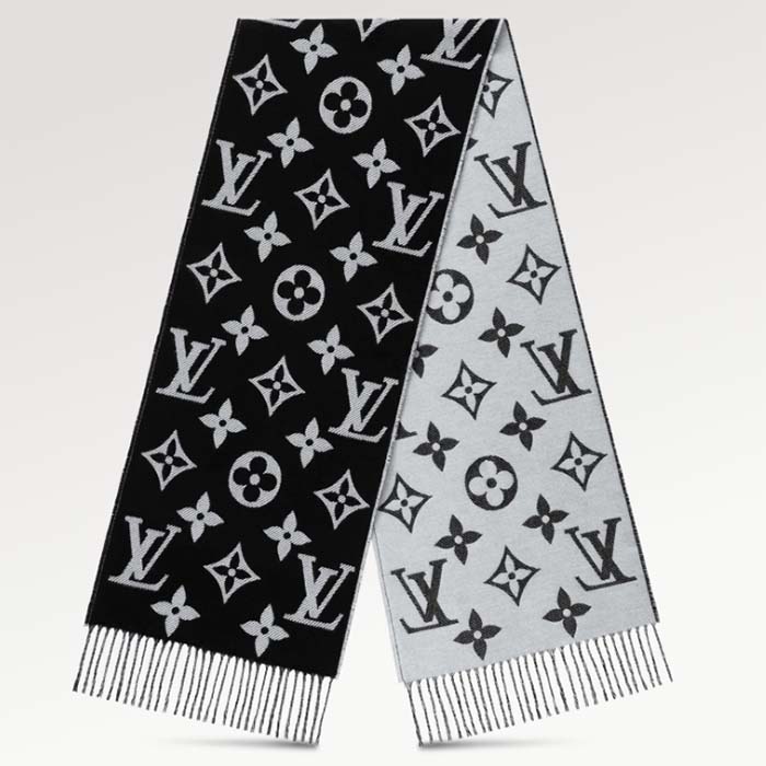 Louis Vuitton LV Unisex Simply LV Scarf Black Fringed Finish Contrasting Monogram Motif