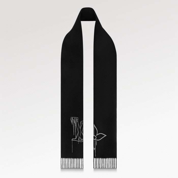 Louis Vuitton LV Unisex Stitch Scarf Black Monogram Flowers Wool Cashmere Jacquard (1)