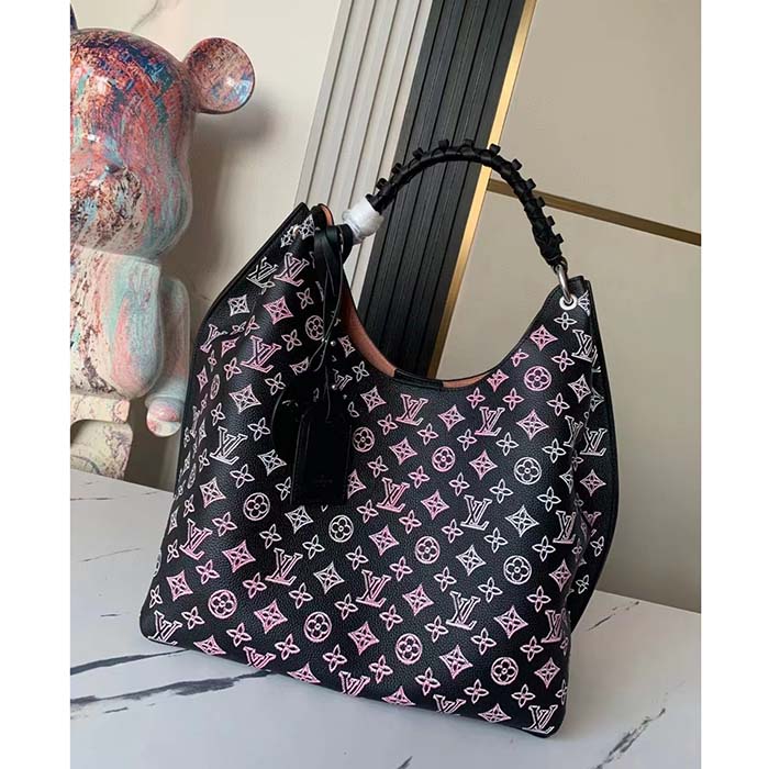 Louis Vuitton LV Women Carmel Hobo Bag Black Perforated Mahina Calf Leather (5)