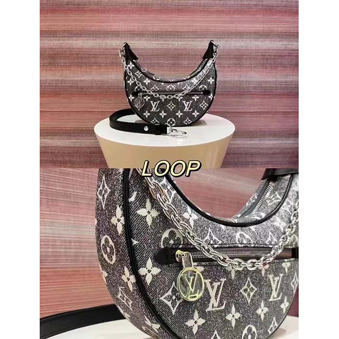 Louis Vuitton LV Women Loop PM Bag Gray Denim Textile Jacquard (14)