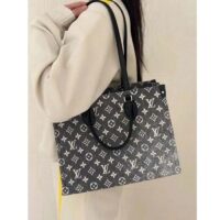 Louis Vuitton LV Women OnTheGo MM Tote Gray Denim Textile Jacquard (4)