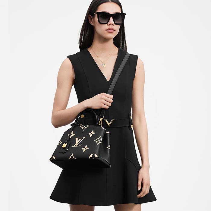 Louis Vuitton LV Women Petit Palais Handbag Noir Beige Embossed Grained Cowhide (9)
