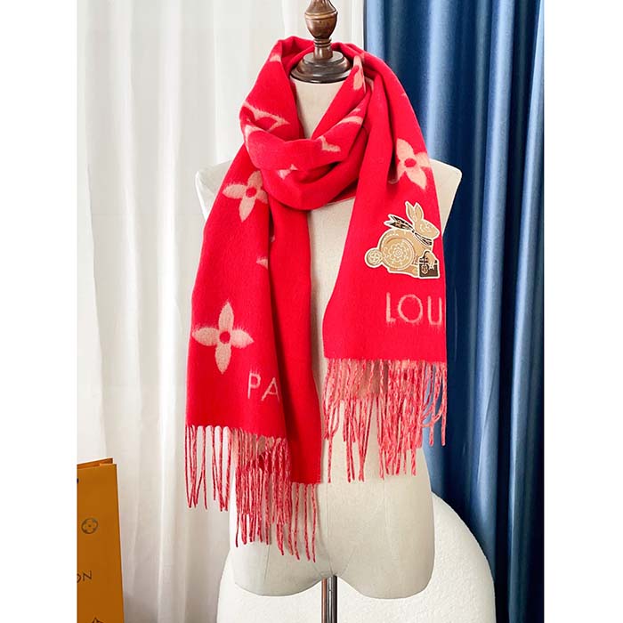 Louis Vuitton LV Women Precious Rabbit Essential Scarf Red Wool Jacquard Monogram (3)