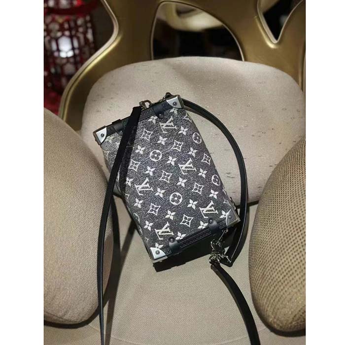 Louis Vuitton LV Women Side Trunk Handbag Gray Denim Textile Jacquard (11)