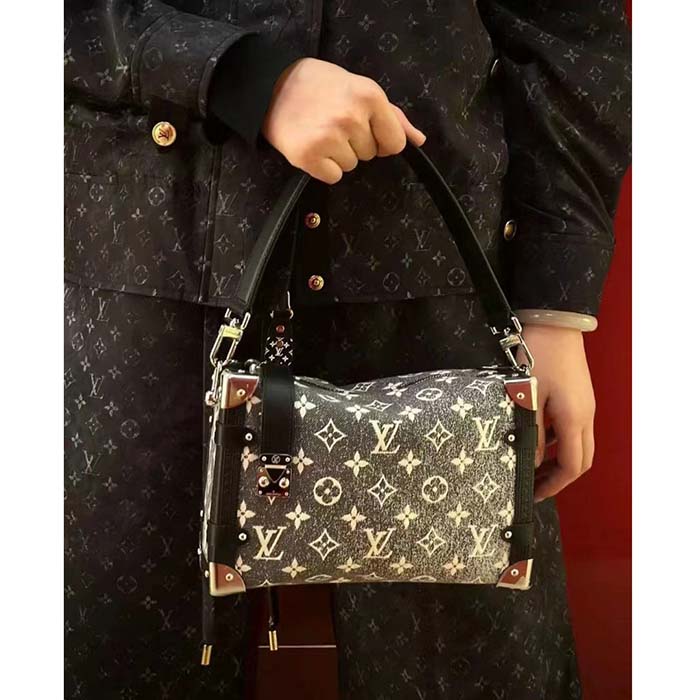 Louis Vuitton LV Women Side Trunk Handbag Gray Denim Textile Jacquard (12)
