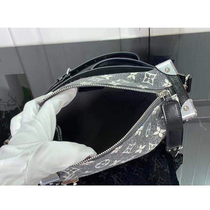 Louis Vuitton LV Women Side Trunk Handbag Gray Denim Textile Jacquard (13)
