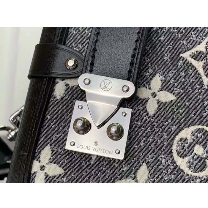 Louis Vuitton LV Women Side Trunk Handbag Gray Denim Textile Jacquard (14)