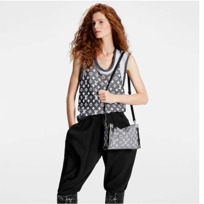 Louis Vuitton LV Women Side Trunk Handbag Gray Denim Textile Jacquard (3)