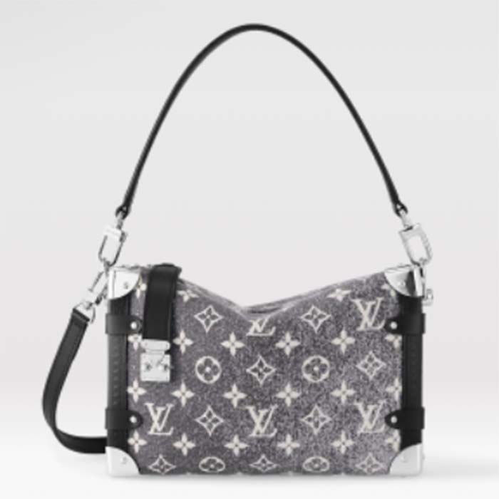 Louis Vuitton LV Women Side Trunk Handbag Gray Denim Textile Jacquard
