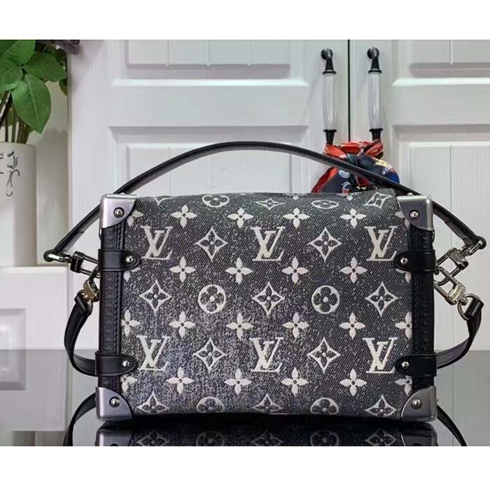 Louis Vuitton LV Women Side Trunk Handbag Gray Denim Textile Jacquard (6)