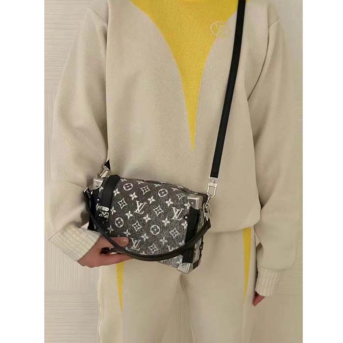 Louis Vuitton LV Women Side Trunk Handbag Gray Denim Textile Jacquard (7)