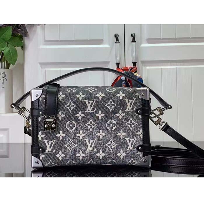 Louis Vuitton LV Women Side Trunk Handbag Gray Denim Textile Jacquard (9)