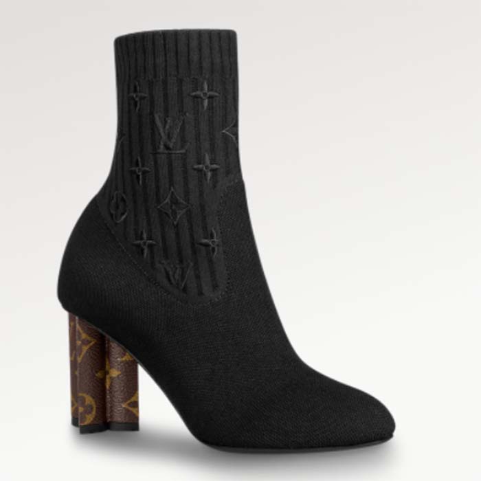 Louis Vuitton LV Women Silhouette Ankle Boot Black Stretch Textile Patent Monogram Canvas