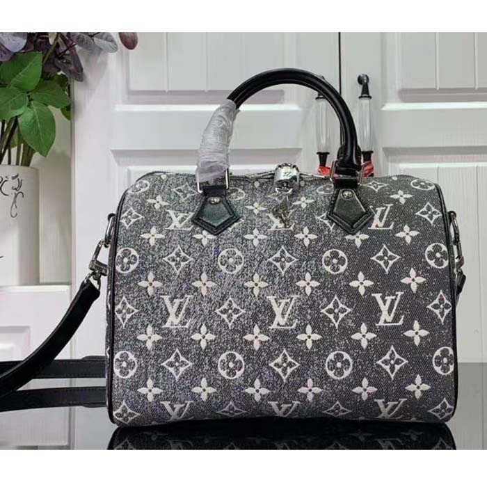 Louis Vuitton LV Women Speedy Bandoulière 25 Handbag Gray Denim Textile Jacquard (13)