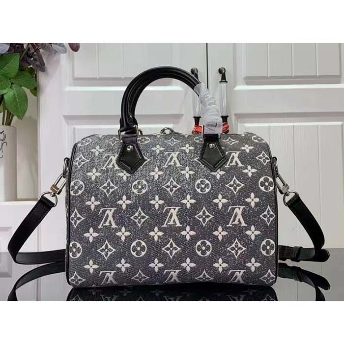 Louis Vuitton LV Women Speedy Bandoulière 25 Handbag Gray Denim Textile Jacquard (14)