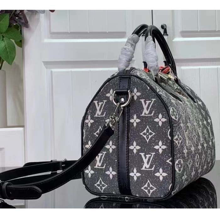 Louis Vuitton LV Women Speedy Bandoulière 25 Handbag Gray Denim Textile Jacquard (4)
