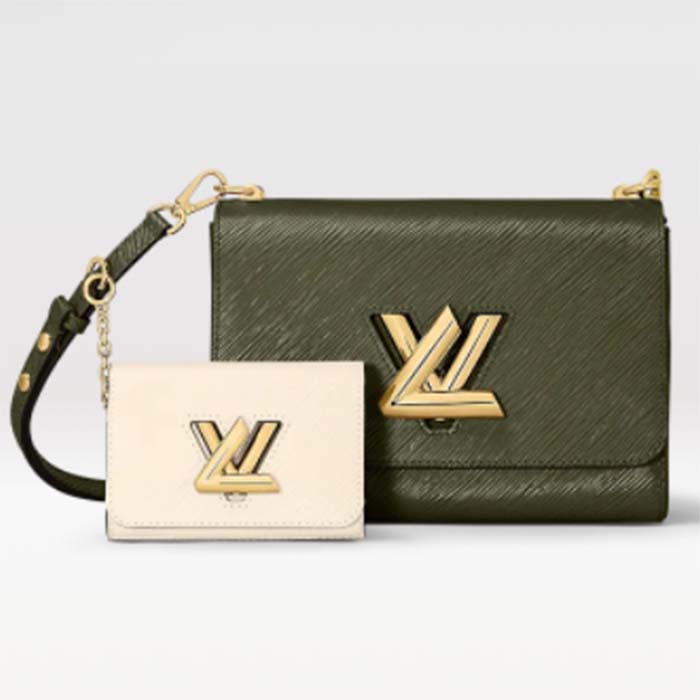 Louis Vuitton LV Women Twist MM Handbag Kaki Quartz White Epi Grained Cowhide