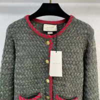 Gucci Women GG Cable Knit Wool Jacket Dark Green Cable Knit Wool Green Red Stripe (13)