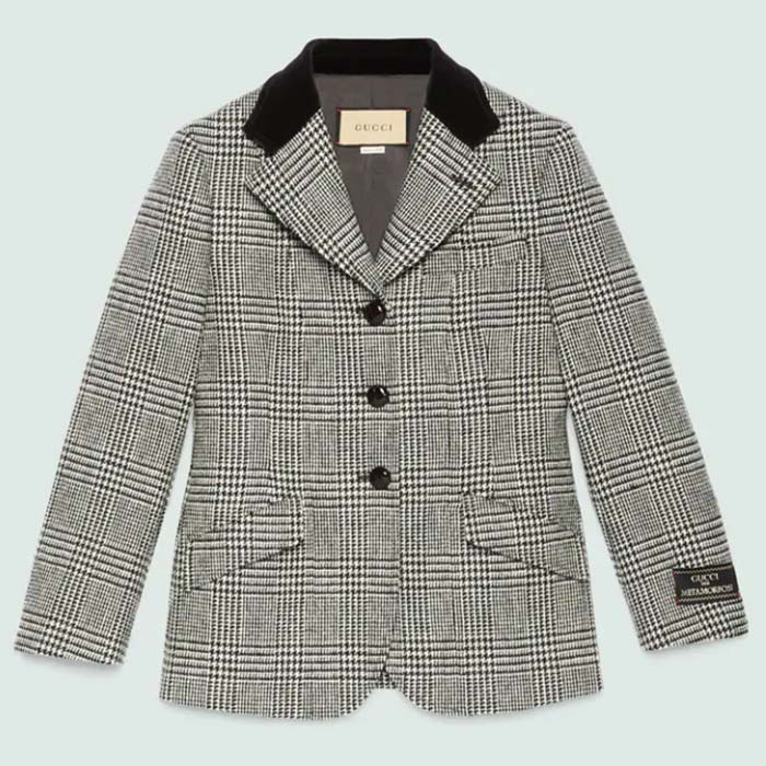 Gucci Women GG Prince Wales Check Jacket Black White Long Sleeves Flap Pockets