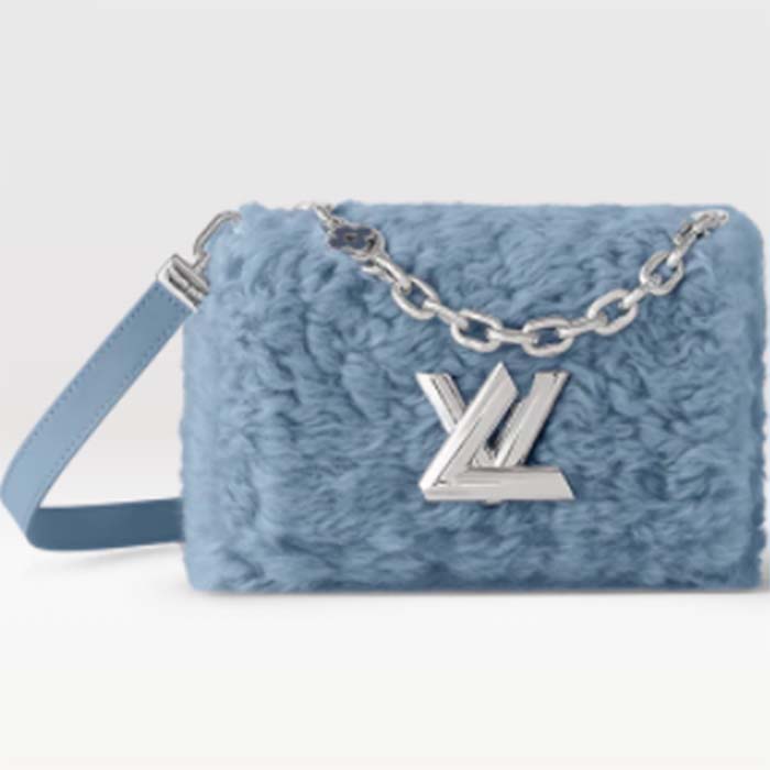 Louis Vuitton LV Women Twist MM Handbag Jean Blue Shearling Smooth Calfskin Leather