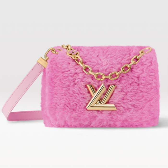 Louis Vuitton LV Women Twist MM Handbag Pink Shearling Smooth Calfskin Leather