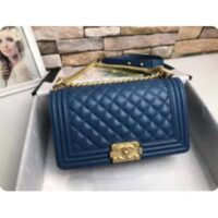 Chanel Women CC Boy Flap Handbag Chevron Quilted Calfskin Leather Navy Blue (9)