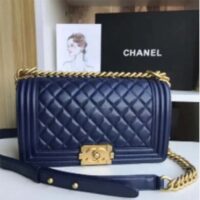 Chanel Women CC Boy Flap Handbag Chevron Quilted Calfskin Leather Navy Blue (9)