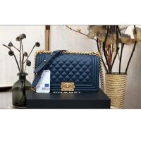 Chanel Women CC Boy Flap Handbag Chevron Quilted Calfskin Leather Navy Blue (9)