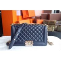 Chanel Women CC Boy Flap Handbag Chevron Quilted Calfskin Leather Navy Blue (9)