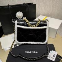 Chanel Women CC Large Flap Bag Gold-Silver-Tone Metal Calfskin Leather Black (6)