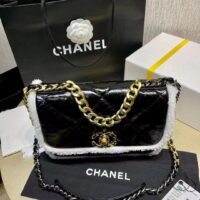 Chanel Women CC Large Flap Bag Gold-Silver-Tone Metal Calfskin Leather Black (6)