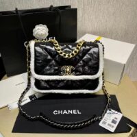 Chanel Women CC Large Flap Bag Gold-Silver-Tone Metal Calfskin Leather Black (6)