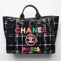 Chanel Women CC Large Shopping Bag Wool Tweed Gold-Tone Metal Black White (6)