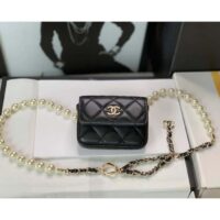 Chanel Women CC Shoulder Black Flap Bag Artificial Pearl Chain Calfskin Leather