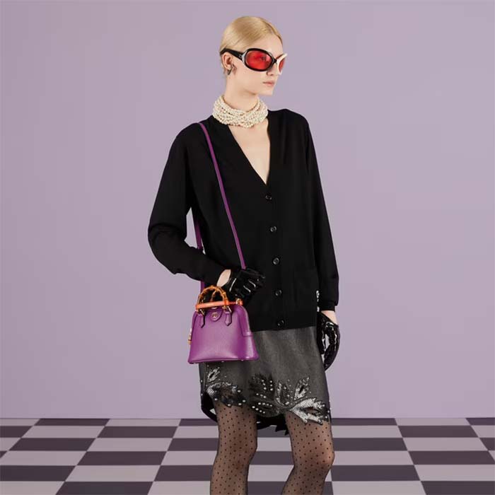 Gucci GG Women Gucci Diana Mini Tote Bag Purple Leather Double G (7)