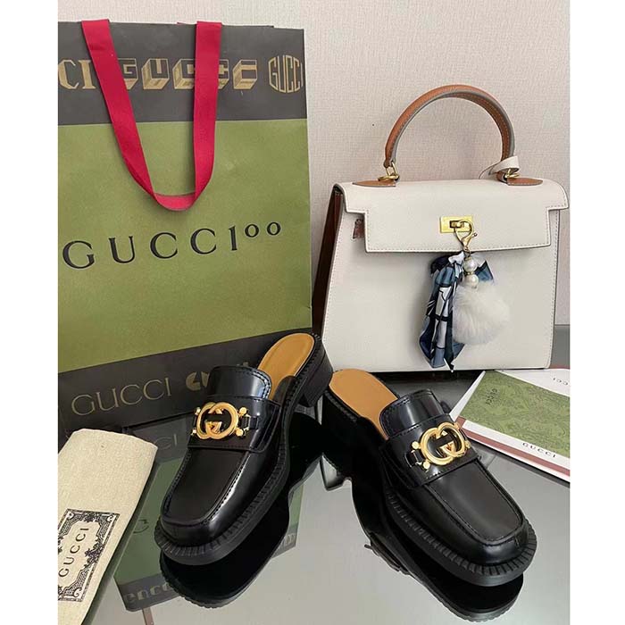 Gucci Unisex GG Slipper Interlocking G Black Leather Low 2.5 Cm Heel (10)