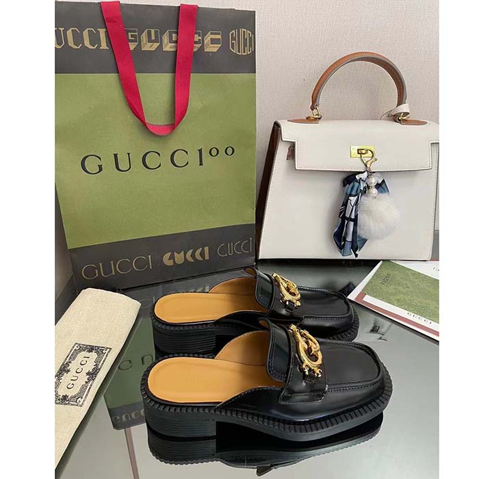 Gucci Unisex GG Slipper Interlocking G Black Leather Low 2.5 Cm Heel (3)