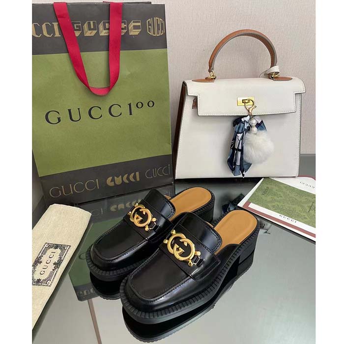 Gucci Unisex GG Slipper Interlocking G Black Leather Low 2.5 Cm Heel (8)
