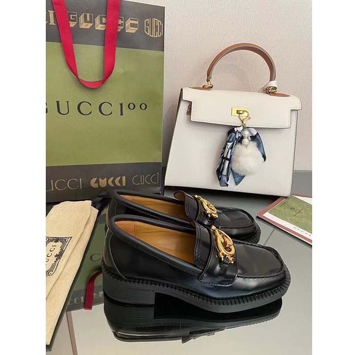 Gucci Unisex GG loafer Interlocking G Shiny Black Leather Studs Rubber Low Heel (1)
