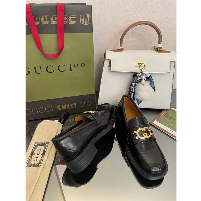 Gucci Unisex GG loafer Interlocking G Shiny Black Leather Studs Rubber Low Heel (8)