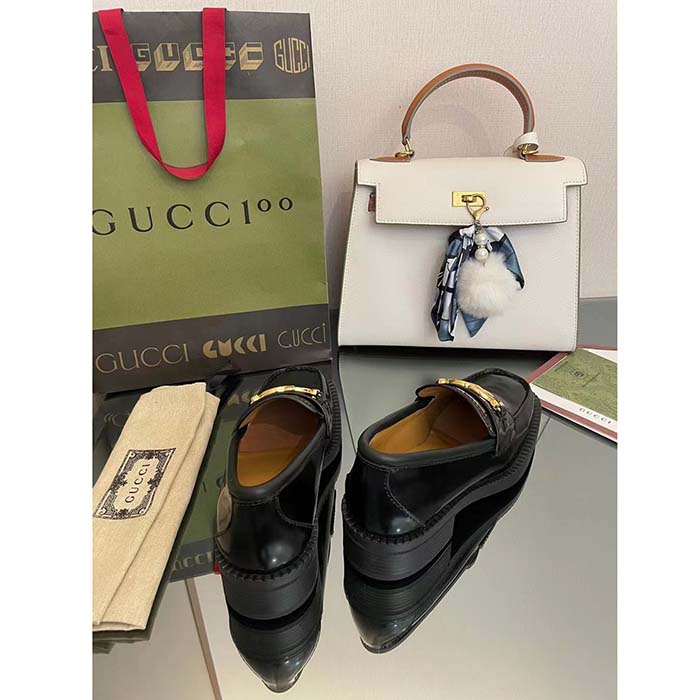 Gucci Unisex GG loafer Interlocking G Shiny Black Leather Studs Rubber Low Heel (9)
