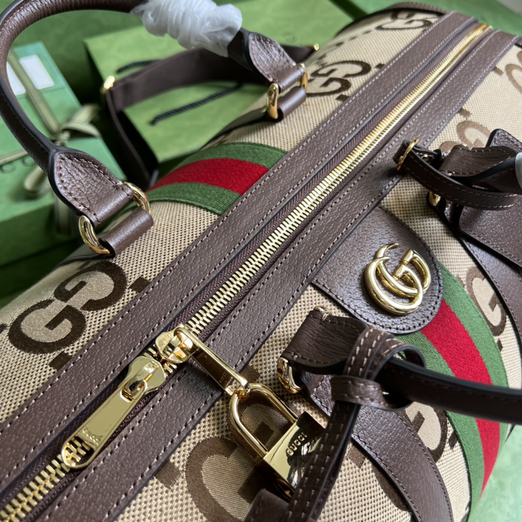 Gucci Unisex Jumbo GG Large Duffle Bag Camel Ebony Canvas Double G (10)