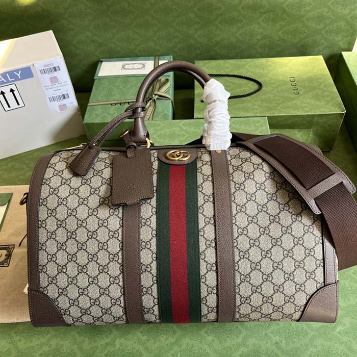 Gucci Unisex Savoy Large Duffle Bag Beige Ebony GG Supreme Canvas Double G (9)