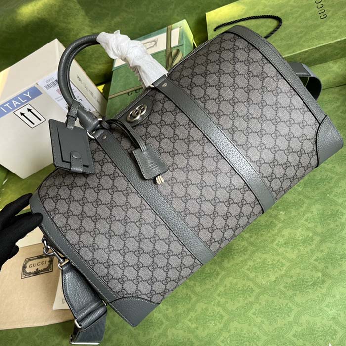 Gucci Unisex Savoy Large Duffle Bag Grey Black GG Supreme Canvas Double G (8)