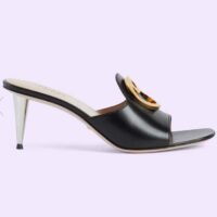 Gucci Women GG Blondie Slide Sandal Black Leather Metallic Mid Heel 6.6 Cm Heel (8)