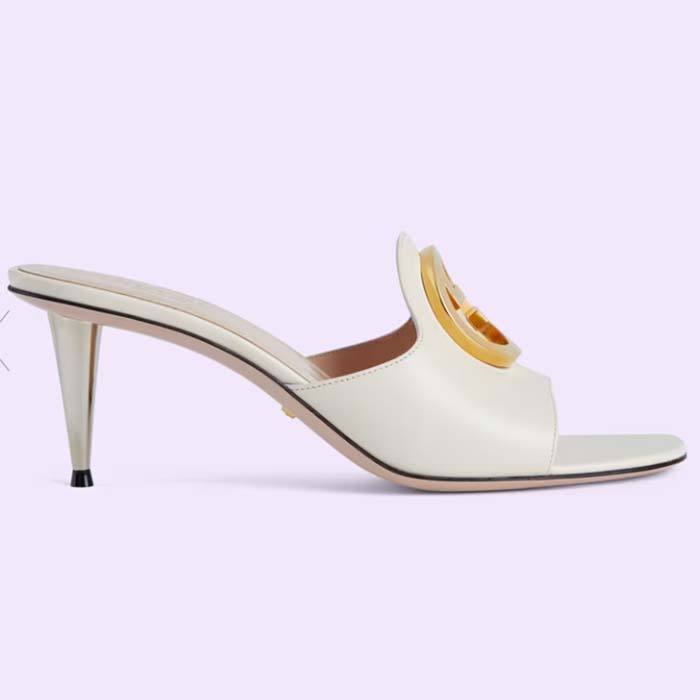 Gucci Women GG Blondie Slide Sandal White Leather Metallic Mid Heel 6.6 Cm Heel